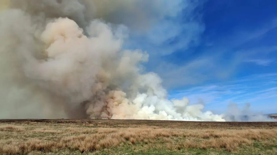 Large plume of smoke billowing from a moor fire.