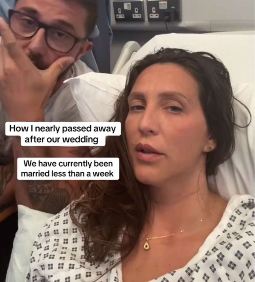 Couple in hospital bed; woman recounts nearly dying after their wedding.