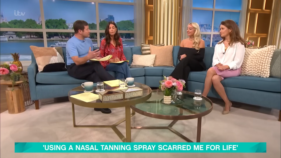 Three women and a man on a talk show discussing the dangers of tanning nasal spray.