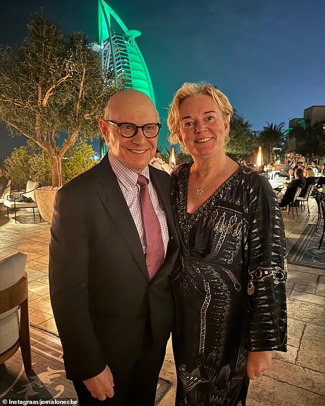 Jo Malone has revealed she why moved to Dubai after becoming 'disillusioned' with the UK. She is pictured in Dubai with Dr Larry Norton who saved her life