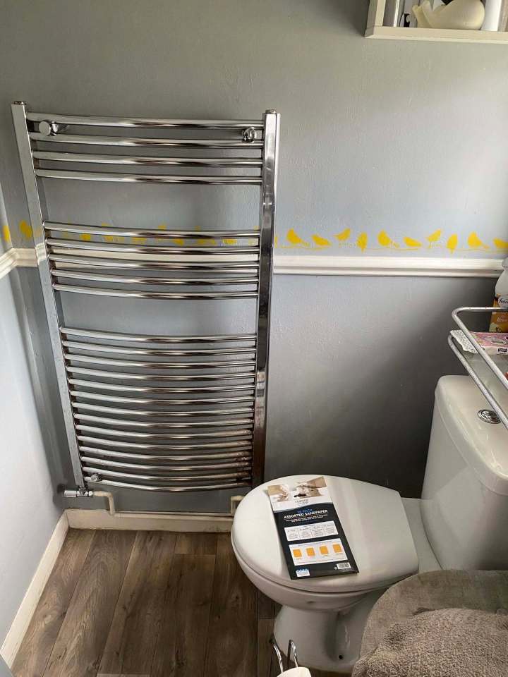Bathroom with new heated towel rack and bird stencil on the wall.