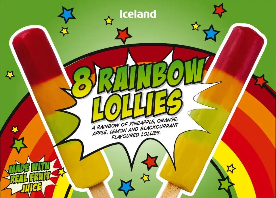 Illustration of eight rainbow lollies.