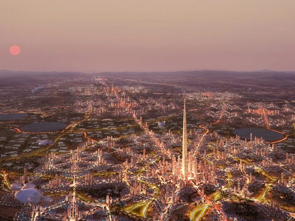 Illustration of the North Pole megaproject in Riyadh, Saudi Arabia, featuring a tall skyscraper and surrounding city.