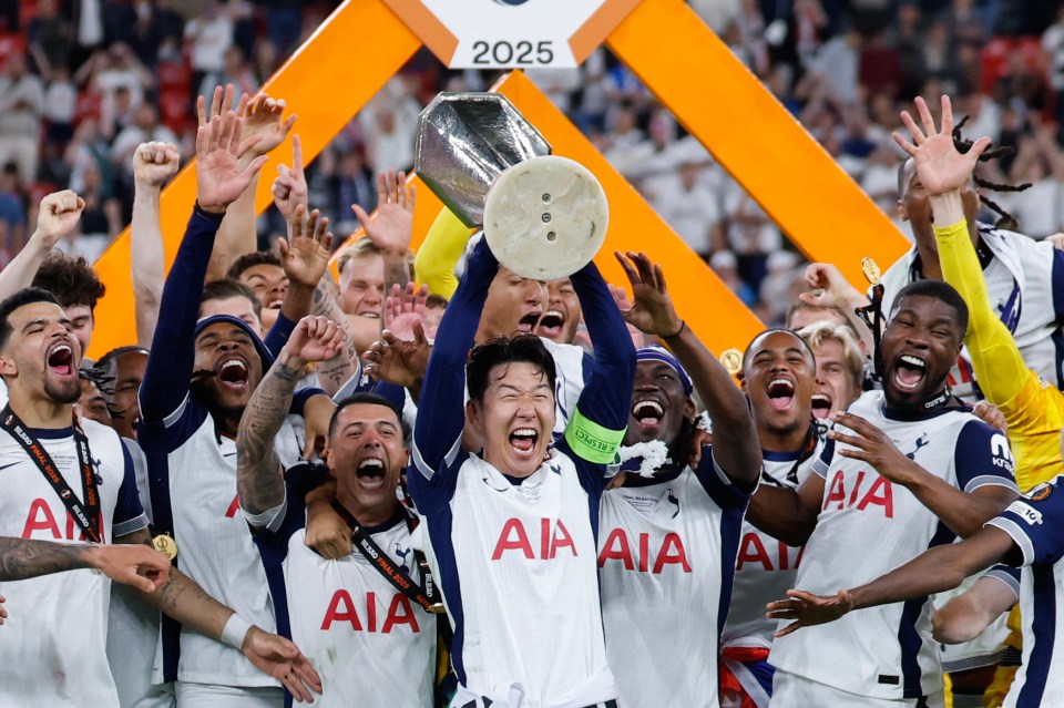 Son Heung-min and his Tottenham Hotspur teammates celebrating a UEFA Europa League victory.