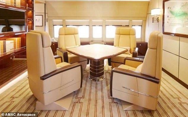 The private 747 comes with a master bedroom, a guest bedroom, two full bathrooms, nine lavatories, five small kitchens, and a private office (pictured)