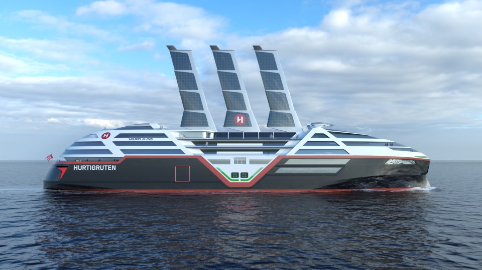 Illustration of the Sea Zero, a zero-emission cruise ship with retractable solar sails.
