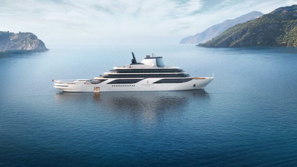 The Four Seasons superyacht, a luxury vessel with a four-story penthouse, sailing in calm waters.