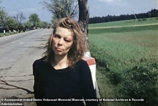 For years, ever since the footage appeared in TV documentaries and online, the identity and fate of the so-called 'Lost German Girl' has proved captivating. Above: The woman was filmed by US Army captain Oren W. Haglund on a road towards Pilsen on May 7, 1945