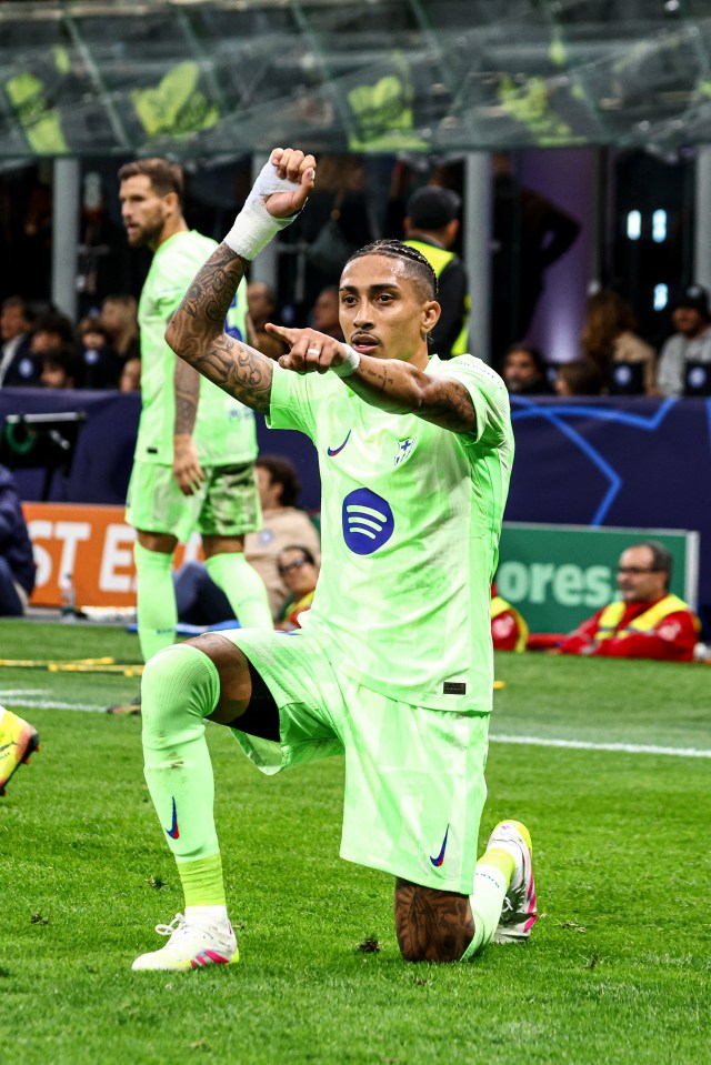 Raphinha of FC Barcelona celebrates scoring a goal.