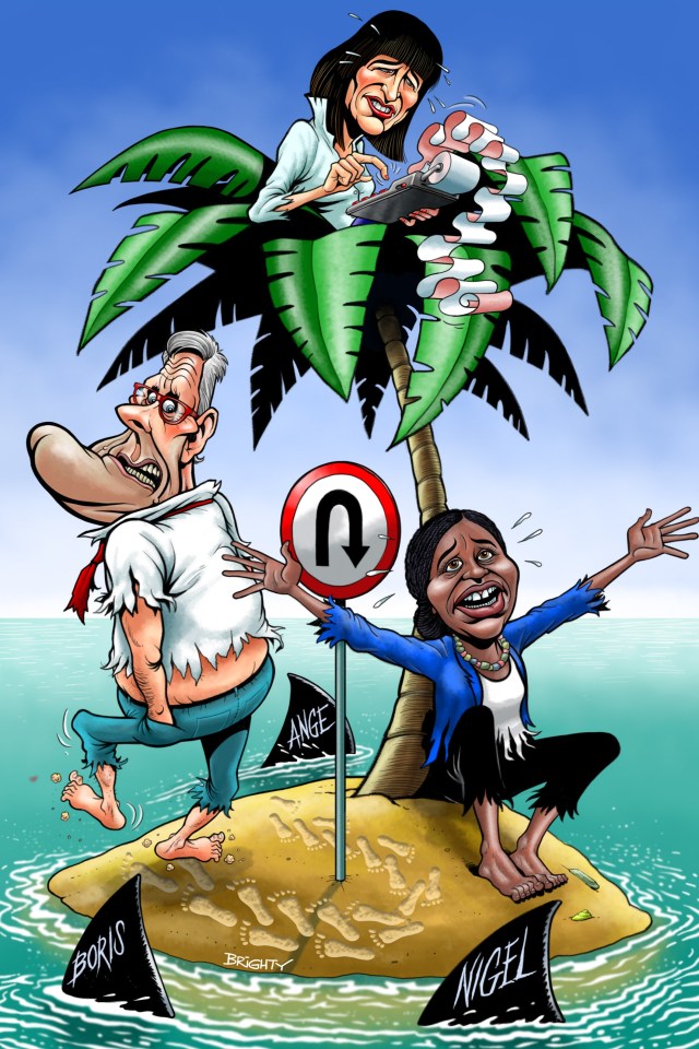Illustration of three cartoon figures stranded on a desert island.