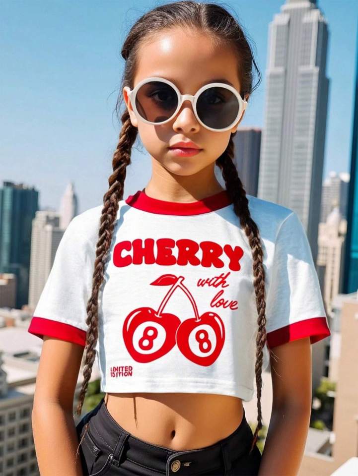 Girl wearing a white cropped t-shirt with cherries and the words "Cherry with love" printed on it.