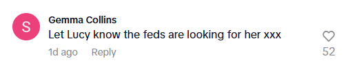 Screenshot of a social media comment: "Let Lucy know the feds are looking for her xxx" — Gemma Collins.