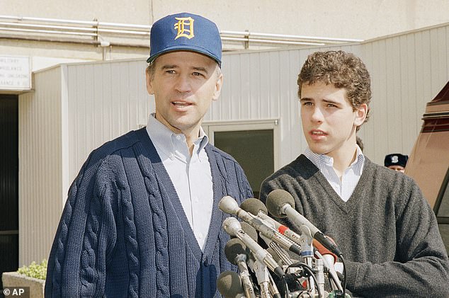 In February 1988, then-Senator Joe Biden suffered a brain aneurysm. He is pictured alongside Hunter after leaveing Walter Reed Army Medical Center in March 1988 after the surgery
