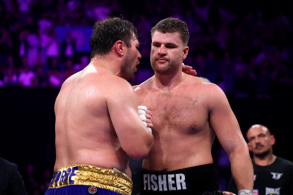 LONDON, ENGLAND - MAY 17: Dave Allen shakes hands with Johnny Fisher after victory in the Heavyweight fight between Johnny Fisher and Dave Allen as part of the Johnny Fisher v Dave Allen 2 - Fight Night at Copper Box Arena on May 17, 2025 in London, England. (Photo by Richard Pelham/Getty Images)