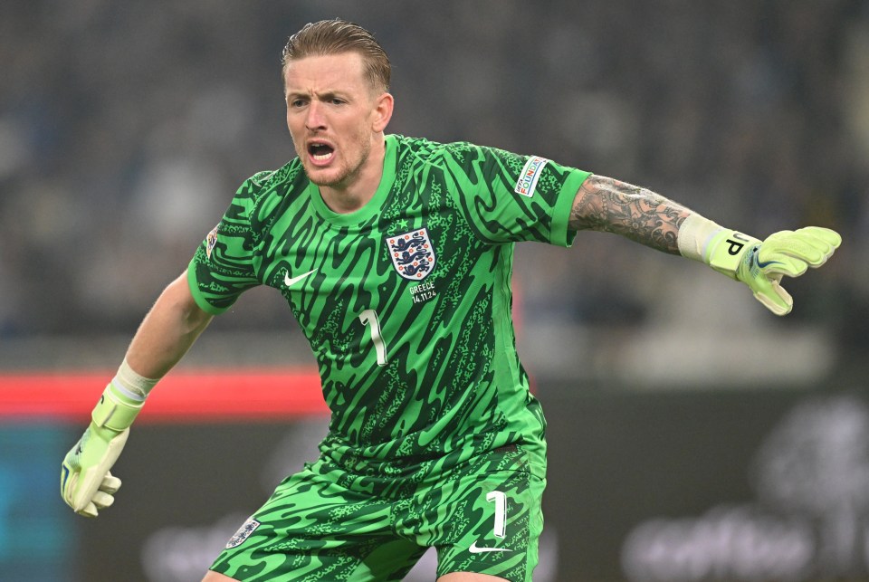 Jordan Pickford of England during a soccer match.