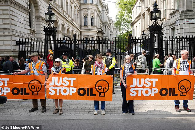 A group of Just Stop Oil (JSO) protesters have been spared jail terms at their sentencing hearing at Isleworth Crown Court (File image of protesters outside Downing Street)
