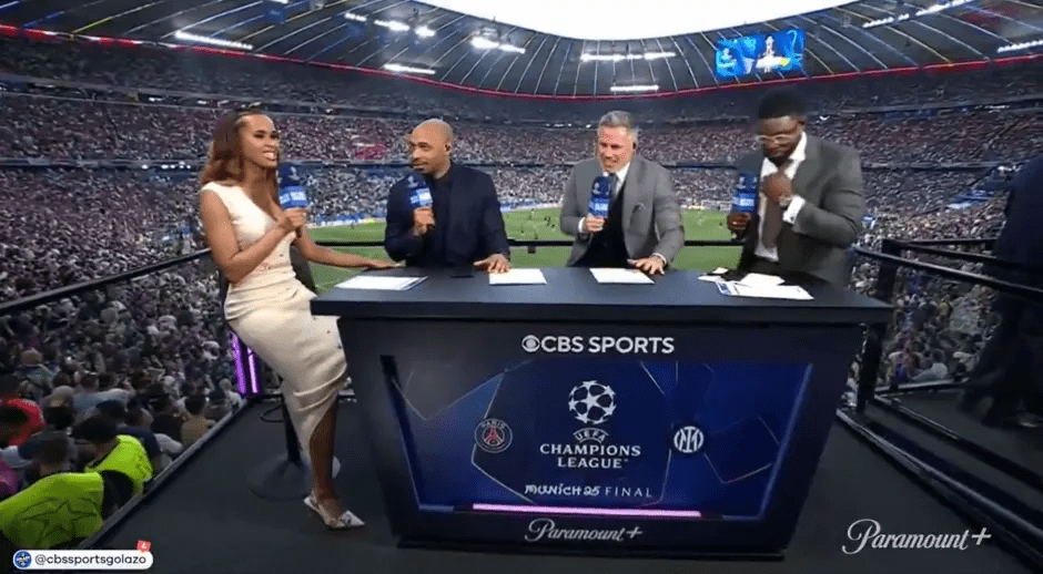 Four sportscasters at a Champions League Final broadcast.
