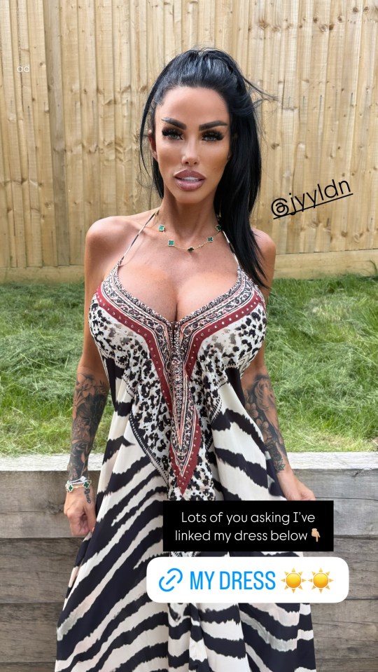 Katie Price modeling a plunging zebra-print maxi dress.