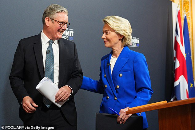 He made a statement in the Commons after unveiling the long-awaited package alongside beaming EU commission chief Ursula von der Leyen yesterday (pictured)