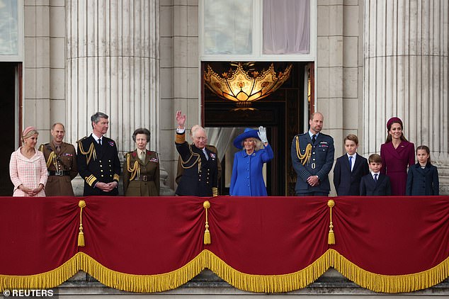 (From left) the Duchess of Edinburgh, the Duke of Edinburgh, Vice Admiral Sir Tim Laurence, the Princess Royal, the Duke of Kent, King Charles III, Queen Camilla, the Prince of Wales, Prince George, the Princess of Wales, Prince Louis and Princess Charlotte, on the balcony of Buckingham Palace today to view the flypast featuring the Royal Air Force's Red Arrows