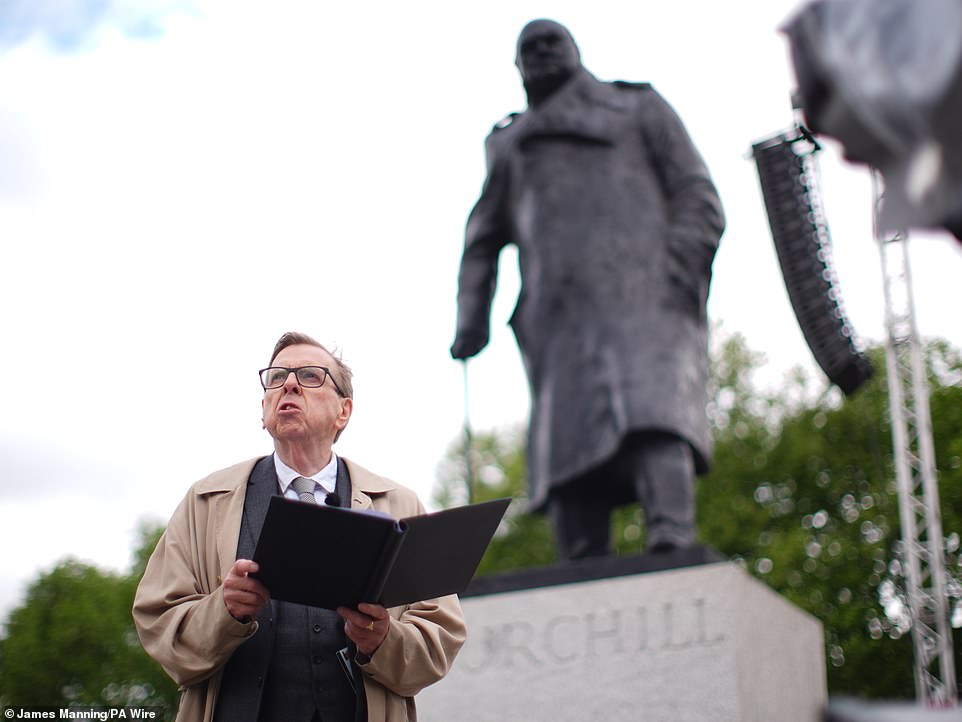 Actor Timothy Spall during rehearsals for his reading of Sir Winston Churchill's 1945 victory speech in London this morning