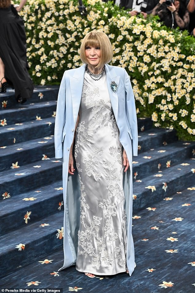 Vogue editor-in-chief Anna Wintour, who hosts the evening, last night wore a custom Louis Vuitton silver gown