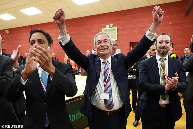 Nigel Farage celebrates as the party wins the Runcorn and Helsby by-election results