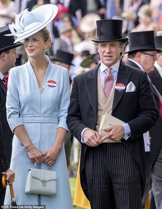 Gabriella's husband Thomas Kingston, then 45, was found dead with a 'traumatic head wound' at his parents home in Gloucestershire in February last year; both pictured in 2023 at at Ascot Racecourse