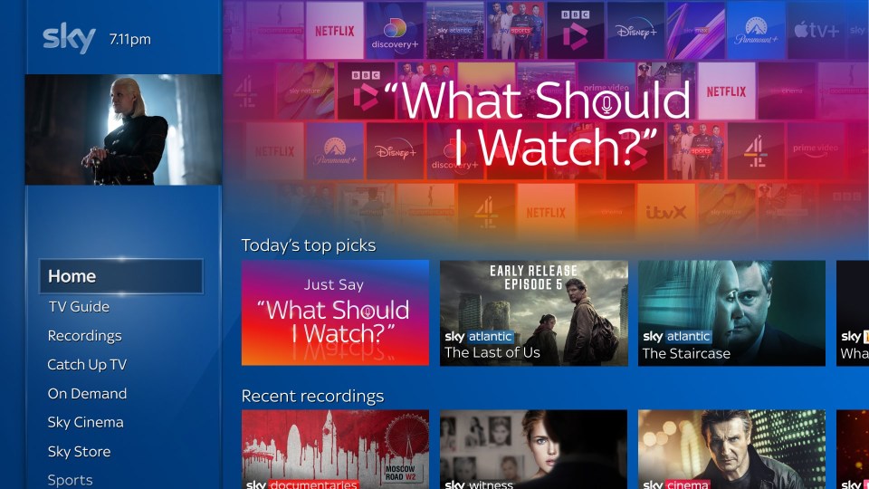 Sky TV guide showing various programs and streaming services.