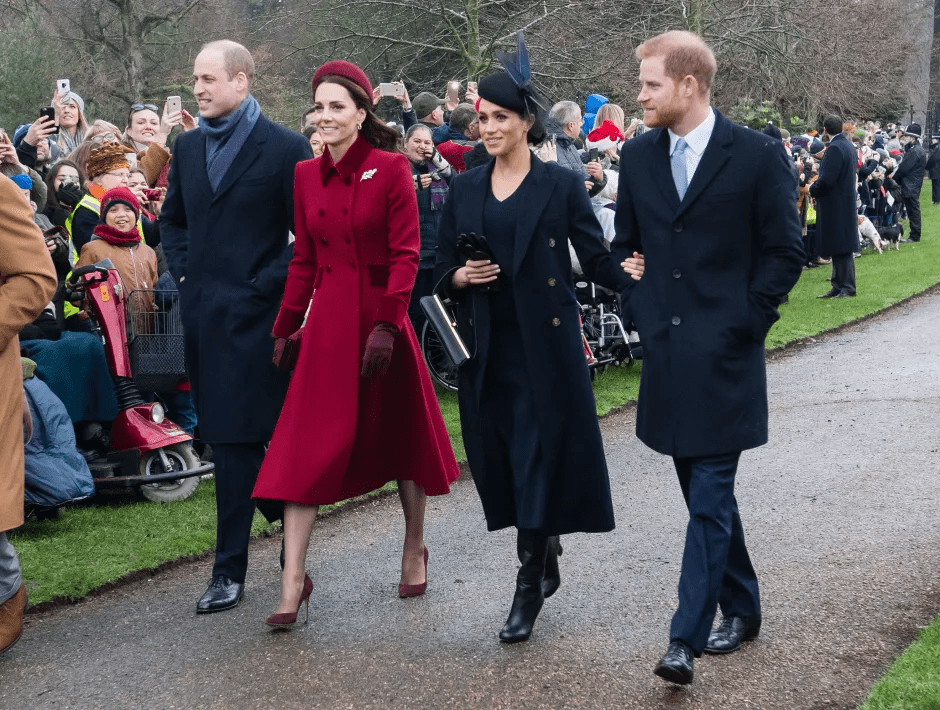 Prince William, Kate Middleton, Prince Harry, and Meghan Markle walking together.