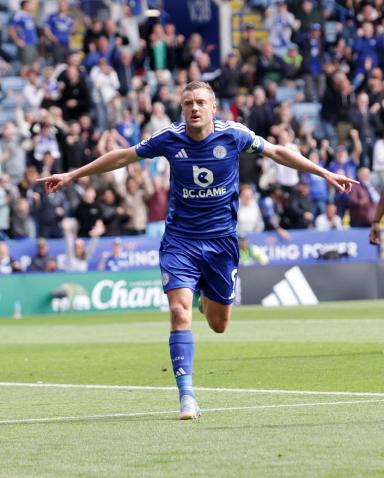 Jamie Vardy of Leicester City celebrating a goal.