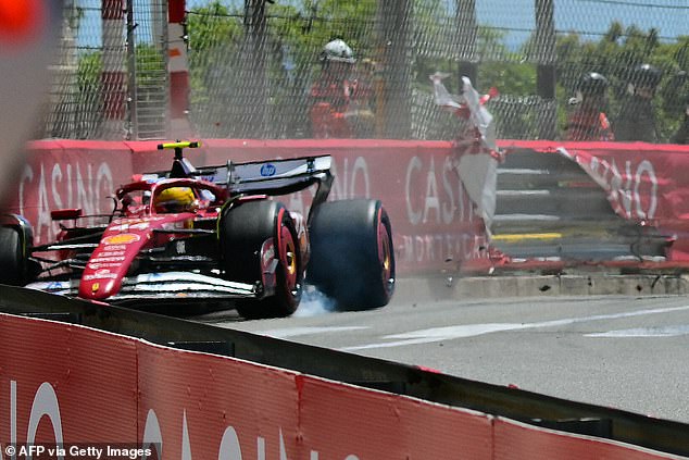 Ferrari's Lewis Hamilton crashed out of practice for the Monaco Grand Prix at 175mph