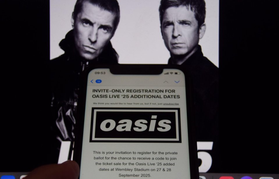 Smartphone showing Oasis Live '25 additional dates registration invitation.