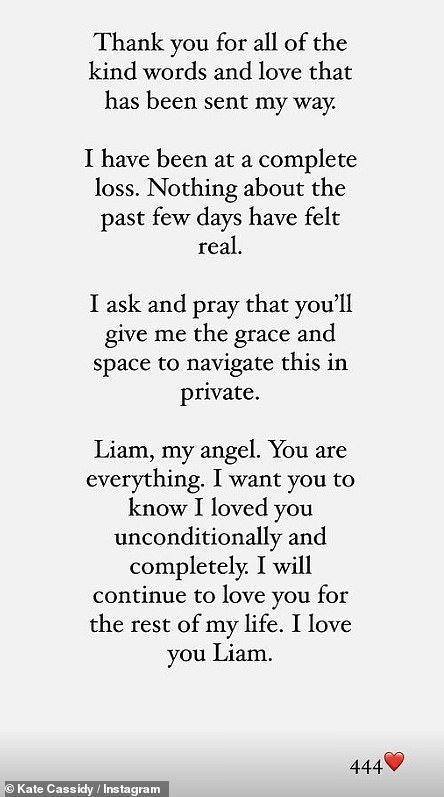 Following his death last October, Cassidy added '444' to her emotional tribute to her 'angel' boyfriend and shared a snap of a note whre Payne had written the numbers.