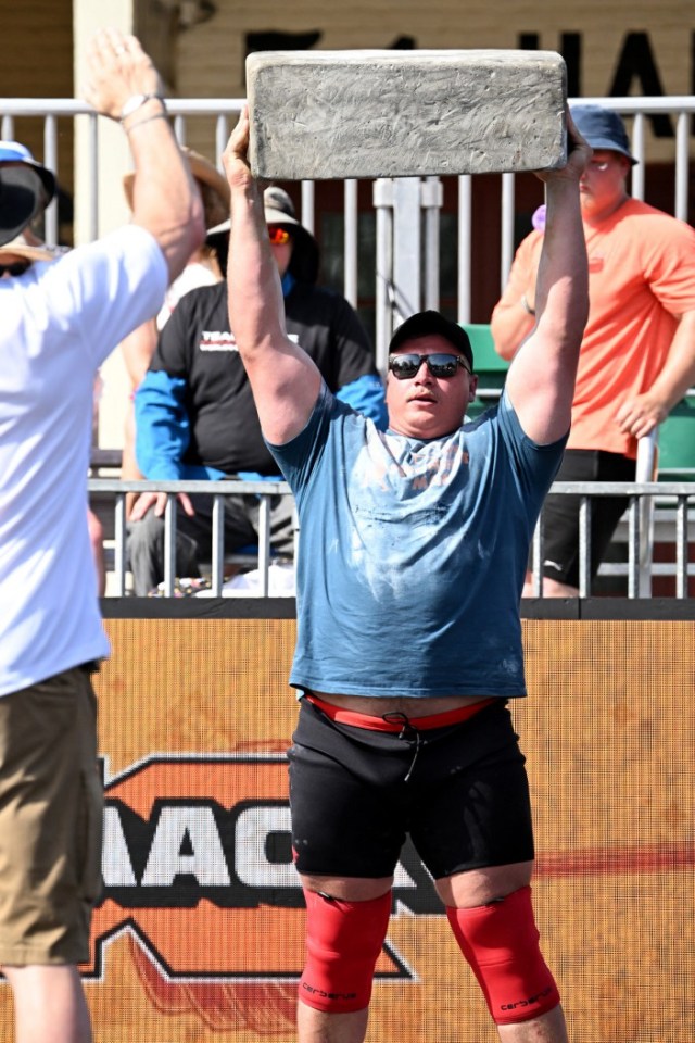 Rayno Nel of South Africa competes in the Natural Stone Medley during the qualifying round of the "World's Strongest Man" competition on May 16, 2025 in Sacramento, California. Some people think weightlifters are "a lot of angry people who just like to throw weight around," 420-pound (190-kilogram) Australian Eddie Williams told AFP, but "I can be, you know, a happy person, and still be able to lift heavy weights." (Photo by Robyn Beck / AFP) / -- IMAGE RESTRICTED TO EDITORIAL USE - STRICTLY NO COMMERCIAL USE -- (Photo by ROBYN BECK/AFP via Getty Images)