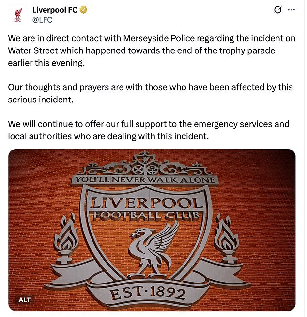 Liverpool swiftly released a statement offering their 'thoughts and prayers' to those affected