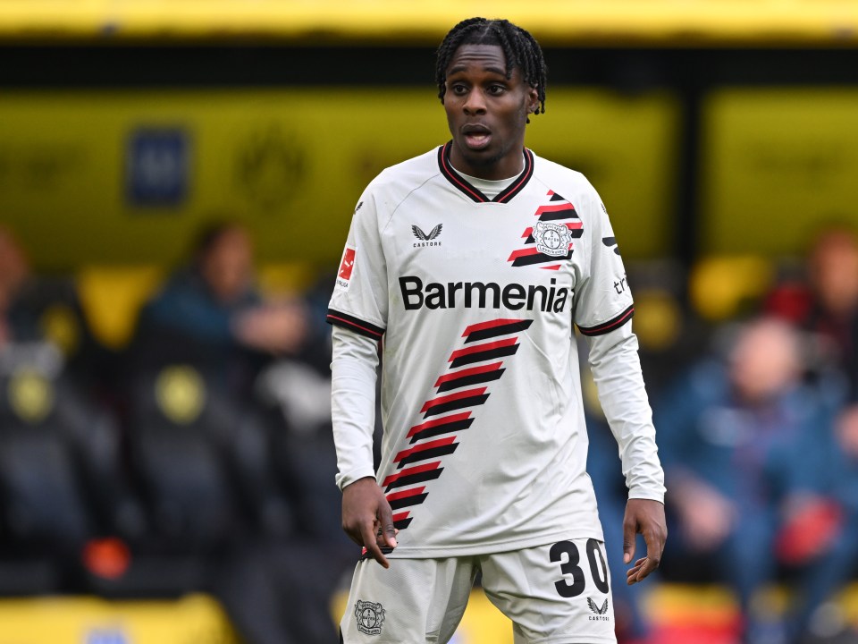 Jeremie Frimpong of Bayer 04 Leverkusen in a soccer match.