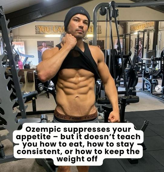 Muscular man in gym with text about Ozempic.
