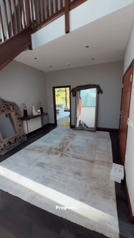 Hallway of a mansion with a large mirror and rug.