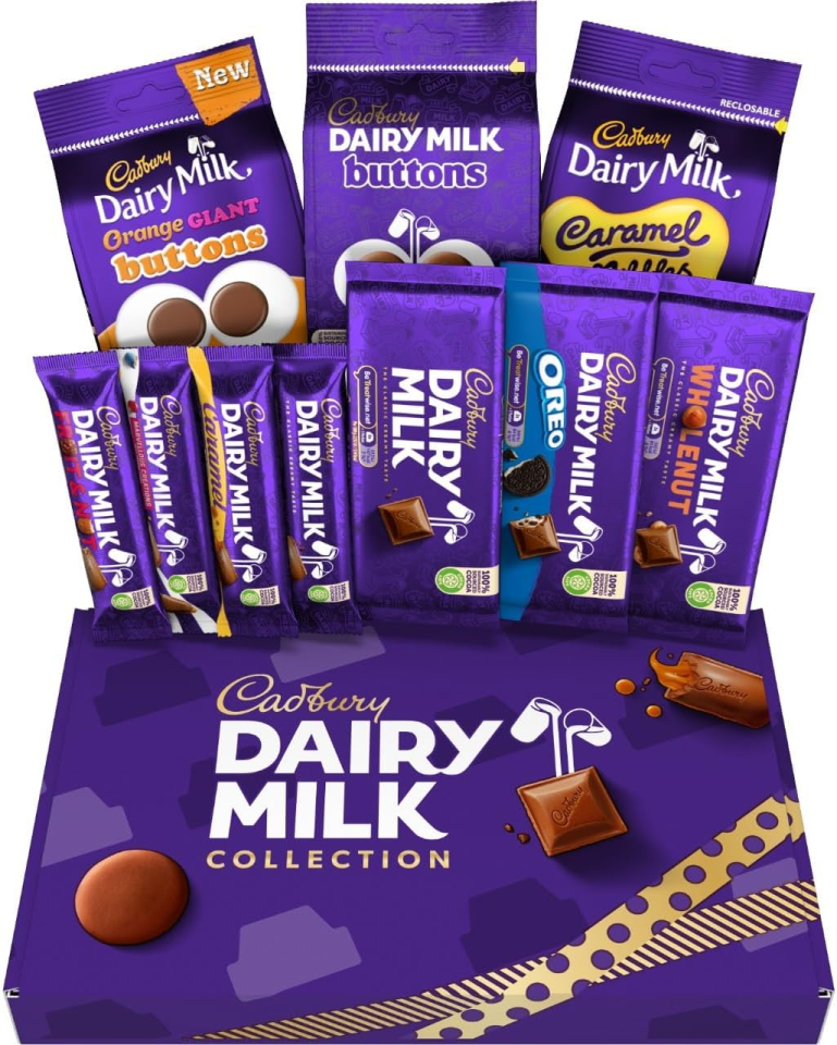 Cadbury Dairy Milk chocolate collection box with various chocolate bars and buttons.