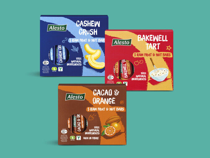 Three boxes of Alesto raw fruit and nut bars in cashew crush, bakewell tart, and cacao and orange flavors.