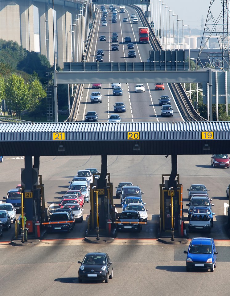 Traffic queuing at the Dartford Crossing toll booths.