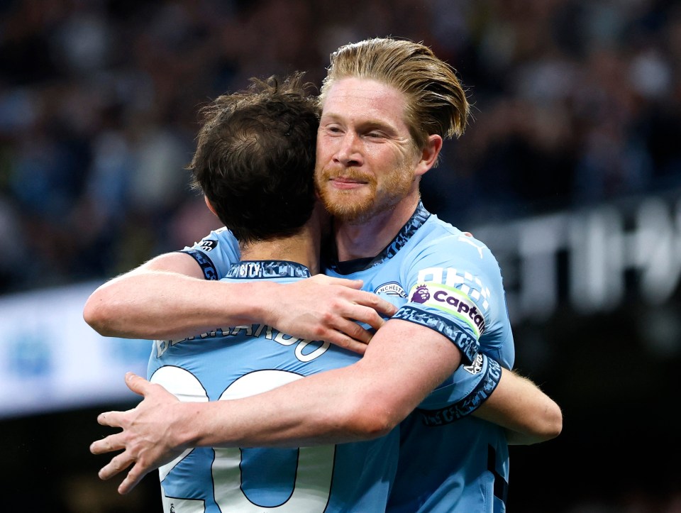 Kevin De Bruyne and Bernardo Silva celebrating a goal.