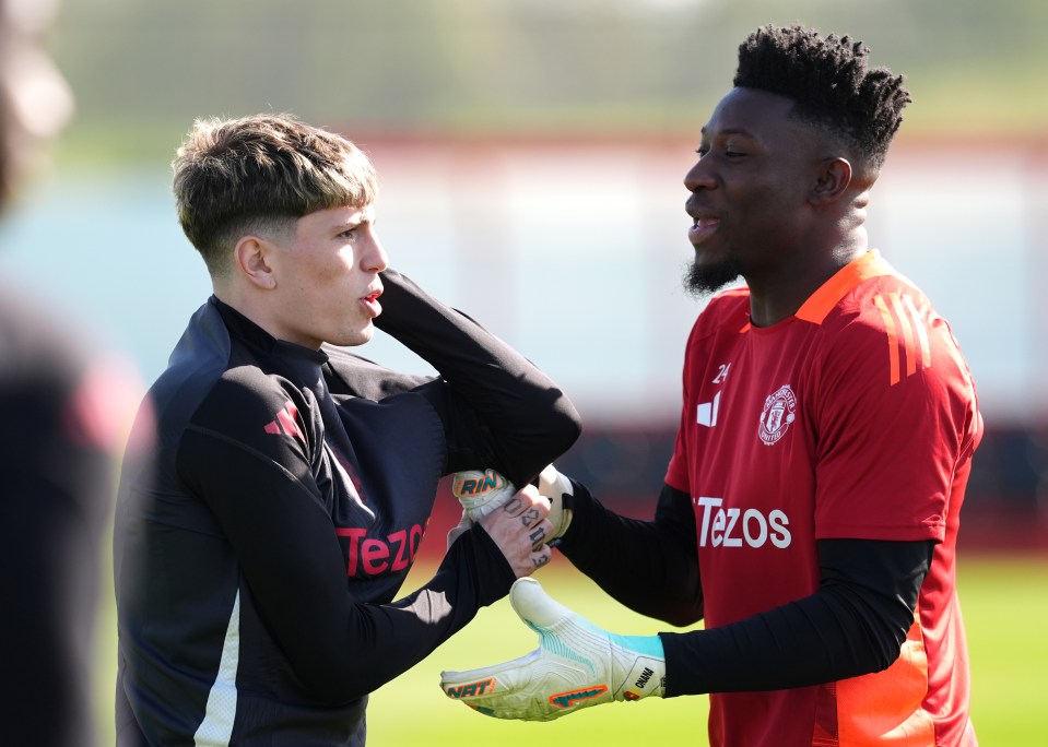 Alejandro Garnacho and Andre Onana at a Manchester United training session.