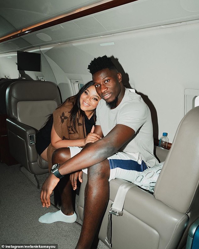 Melanie Kamayou, 35, was targeted outside a restaurant in the upmarket Cheshire village of Alderley Edge, which is popular with Premier League stars. She is pictured here with her husband Andre Onana
