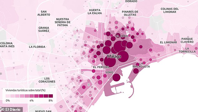 An interactive map published by Spanish newspaper El Diario shows exactly which towns and cities in Britain's favourite holiday destination has the highest proportion of holiday lets, based on data published by the Spanish National Statistics Institute (INE) (Pictured: Malaga on the map)