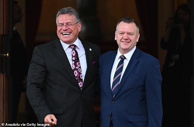 Cabinet Office minister Nick Thomas-Symonds (right) has written to European counterparts urging them to allow Brits to use e-gates ¿now¿. Above, last week he and and European Commissioner for Trade and Economic Security Maros Sefcovic (left) attended the EU-UK Summit