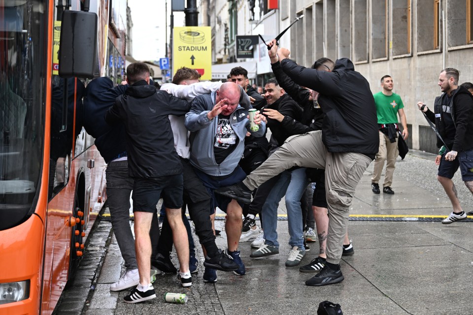 Chelsea and Real Betis fans clashing in Wroclaw, Poland.
