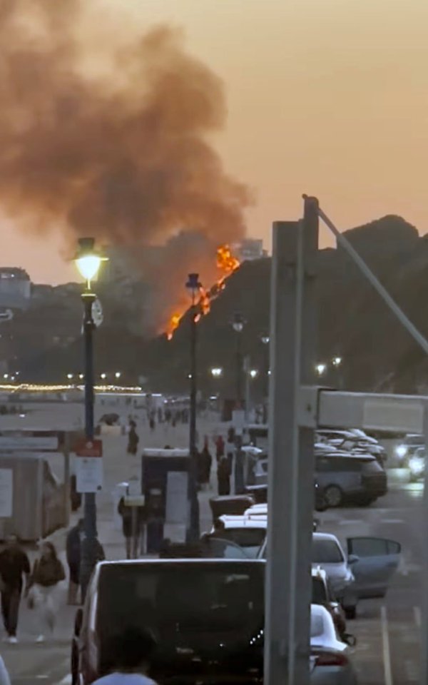 Wildfire engulfing a cliff above a beach.