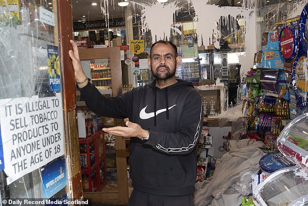 Shopkeeper Usman Munir, 38 (pictured), has revealed that two of the shops he owns on Rutherglen Main Street, Glasgow, have become the target of horrific violent attacks caused by masked drug-fuelled teenagers
